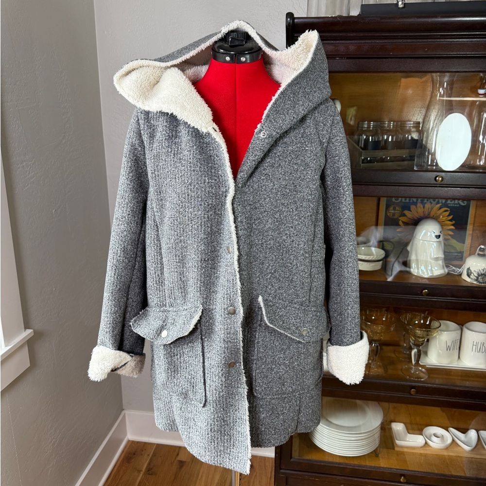 Mystree Gray Sherpa Lined Hooded Cozy Winter Button Front Jacket Size L